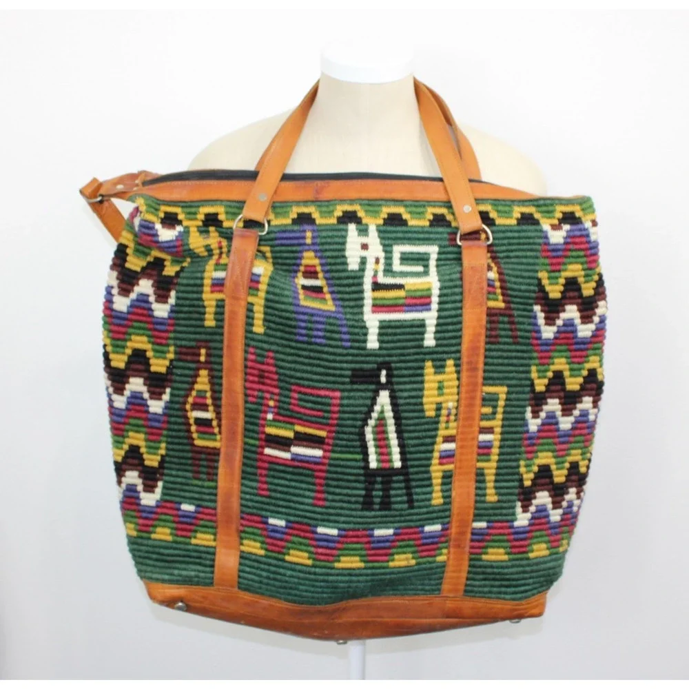 Vintage Handmade Woven Tote Bag Leather Trim Boho Guatemala Alpaca Wool Travel - Picture 3 of 14
